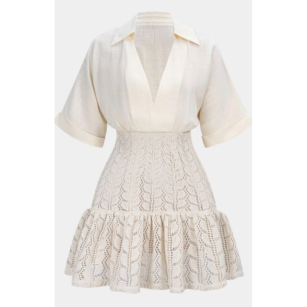 Micas Jacquard Patchwork Linen Ruched V-Neck Mini Dress Beige M MCWDC2511280110